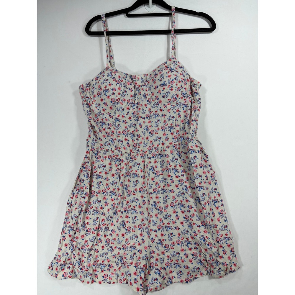 Lily Rose Romper Womens Large Cream Floral Excellent Rayon Linen Smocked Back